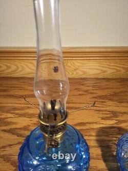 Antique Blue Glass Daisy & Button Miniature Oil Lamp