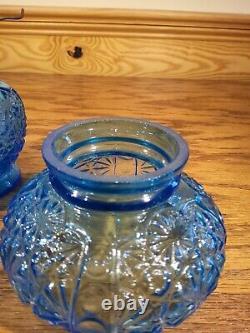 Antique Blue Glass Daisy & Button Miniature Oil Lamp