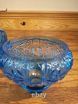 Antique Blue Glass Daisy & Button Miniature Oil Lamp