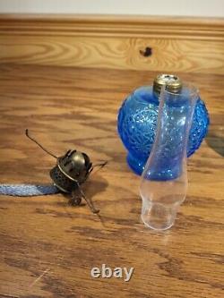 Antique Blue Glass Daisy & Button Miniature Oil Lamp