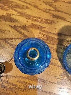 Antique Blue Glass Daisy & Button Miniature Oil Lamp