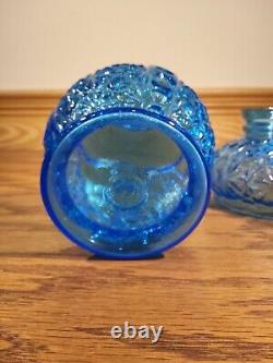 Antique Blue Glass Daisy & Button Miniature Oil Lamp