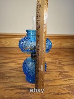 Antique Blue Glass Daisy & Button Miniature Oil Lamp