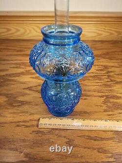 Antique Blue Glass Daisy & Button Miniature Oil Lamp