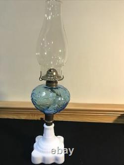 Antique Blue Glass Daisy & Vine Oil Kerosene Lamp Light Atterbury