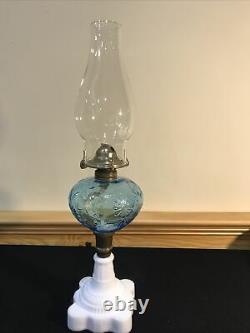 Antique Blue Glass Daisy & Vine Oil Kerosene Lamp Light Atterbury