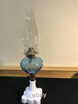 Antique Blue Glass Daisy & Vine Oil Kerosene Lamp Light Atterbury