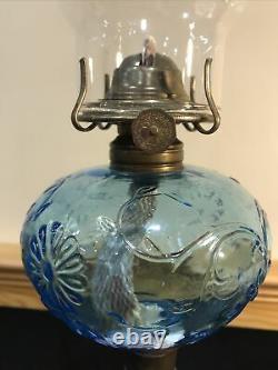 Antique Blue Glass Daisy & Vine Oil Kerosene Lamp Light Atterbury