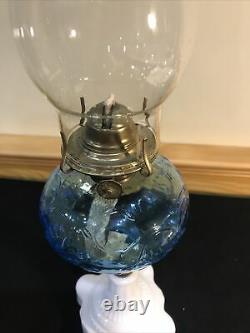 Antique Blue Glass Daisy & Vine Oil Kerosene Lamp Light Atterbury