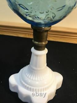 Antique Blue Glass Daisy & Vine Oil Kerosene Lamp Light Atterbury