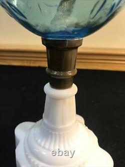 Antique Blue Glass Daisy & Vine Oil Kerosene Lamp Light Atterbury