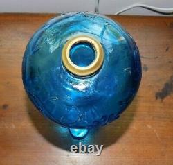 Antique Blue Glass Oil Lamp Flower & Scroll Pattern with Brass Band Connector