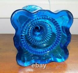 Antique Blue Glass Oil Lamp Flower & Scroll Pattern with Brass Band Connector