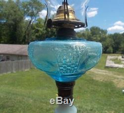Antique Blue Glass Oil Lamp With Milkglass Base 1876 Dated Collar Working Burner