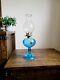 Antique Blue Glass Panel Optic Kerosene Oil Lamp & Chimney with Eagle