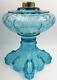 Antique Blue Glass Princess Feather EAPG Oil / Kerosene Sewing Lamp Art Nouveau