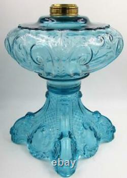 Antique Blue Glass Princess Feather EAPG Oil / Kerosene Sewing Lamp Art Nouveau