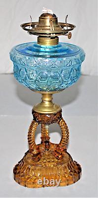 Antique Blue Honeycomb & Amber Cathedral Victorian Oil Lamp With #2 Burner