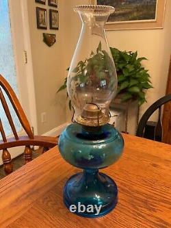 Antique Blue Oil Lamp with Fish Scale Pattern Base and Eagle Burner