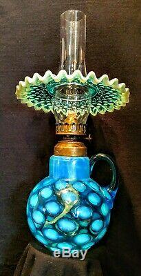 Antique Blue Opalescent Coin Dot Finger Oil Lamp & Blue Opalescent Hobnail Shade