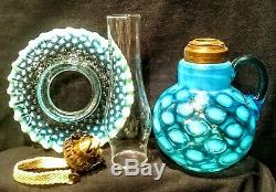 Antique Blue Opalescent Coin Dot Finger Oil Lamp & Blue Opalescent Hobnail Shade