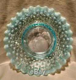 Antique Blue Opalescent Coin Dot Finger Oil Lamp & Blue Opalescent Hobnail Shade