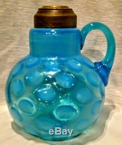 Antique Blue Opalescent Coin Dot Finger Oil Lamp & Blue Opalescent Hobnail Shade