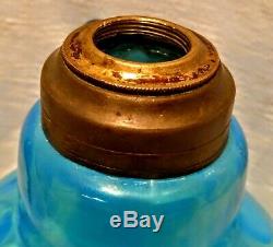 Antique Blue Opalescent Coin Dot Finger Oil Lamp & Blue Opalescent Hobnail Shade