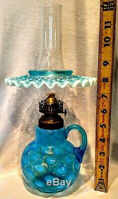 Antique Blue Opalescent Coin Dot Finger Oil Lamp & Blue Opalescent Hobnail Shade