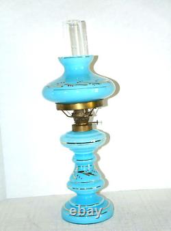 Antique Blue Opaline Glass Oil Lamp Gold Accents with Shade & Chimney 17H