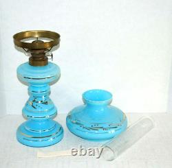 Antique Blue Opaline Glass Oil Lamp Gold Accents with Shade & Chimney 17H