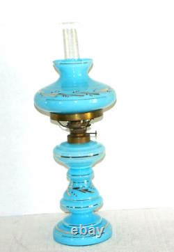 Antique Blue Opaline Glass Oil Lamp Gold Accents with Shade & Chimney 17H