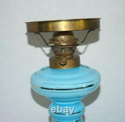 Antique Blue Opaline Glass Oil Lamp Gold Accents with Shade & Chimney 17H