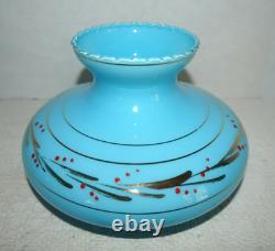 Antique Blue Opaline Glass Oil Lamp Gold Accents with Shade & Chimney 17H