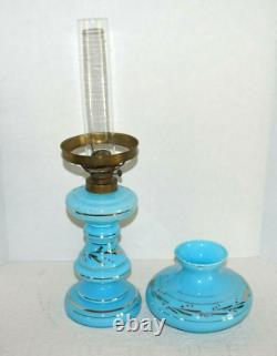 Antique Blue Opaline Glass Oil Lamp Gold Accents with Shade & Chimney 17H