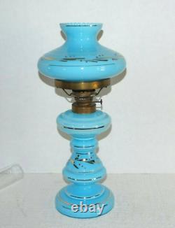 Antique Blue Opaline Glass Oil Lamp Gold Accents with Shade & Chimney 17H