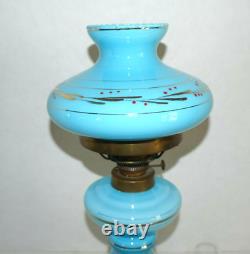 Antique Blue Opaline Glass Oil Lamp Gold Accents with Shade & Chimney 17H