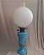 Antique Blue Opaline Hand Painted Oil Lamp