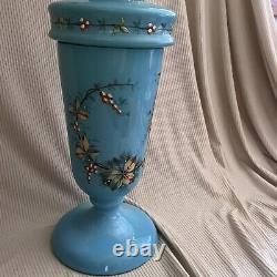 Antique Blue Opaline Hand Painted Oil Lamp