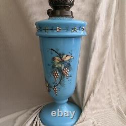 Antique Blue Opaline Hand Painted Oil Lamp