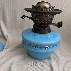 Antique Blue Opaline Hand Painted Oil Lamp