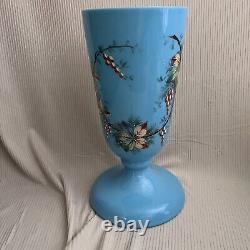 Antique Blue Opaline Hand Painted Oil Lamp