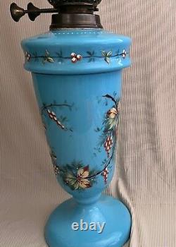 Antique Blue Opaline Hand Painted Oil Lamp