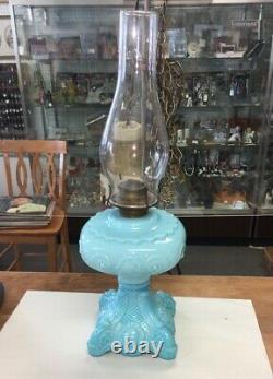 Antique Blue Opaque Milk Glass Princess Feather Oil Lamp