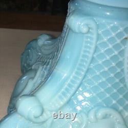 Antique Blue Opaque Milk Glass Princess Feather Oil Lamp