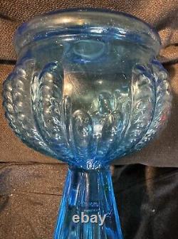 Antique Blue Turkey Foot Pattern Oil / Kerosene Lamp US Glass RARE Nice