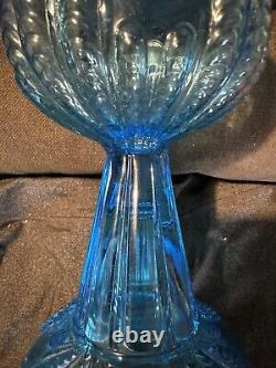 Antique Blue Turkey Foot Pattern Oil / Kerosene Lamp US Glass RARE Nice