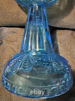 Antique Blue Turkey Foot Pattern Oil / Kerosene Lamp US Glass RARE Nice