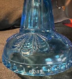 Antique Blue Turkey Foot Pattern Oil / Kerosene Lamp US Glass RARE Nice