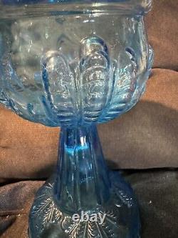 Antique Blue Turkey Foot Pattern Oil / Kerosene Lamp US Glass RARE Nice